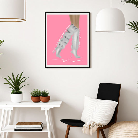 "Brave Boots" Unframed Figurative Fine Art Print on Paper in Pink
