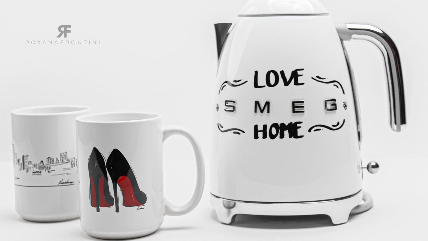 SMEG Silver & White Electric Kettle By ROXANA FRONTINI Series "LOVE SWEET HOME"