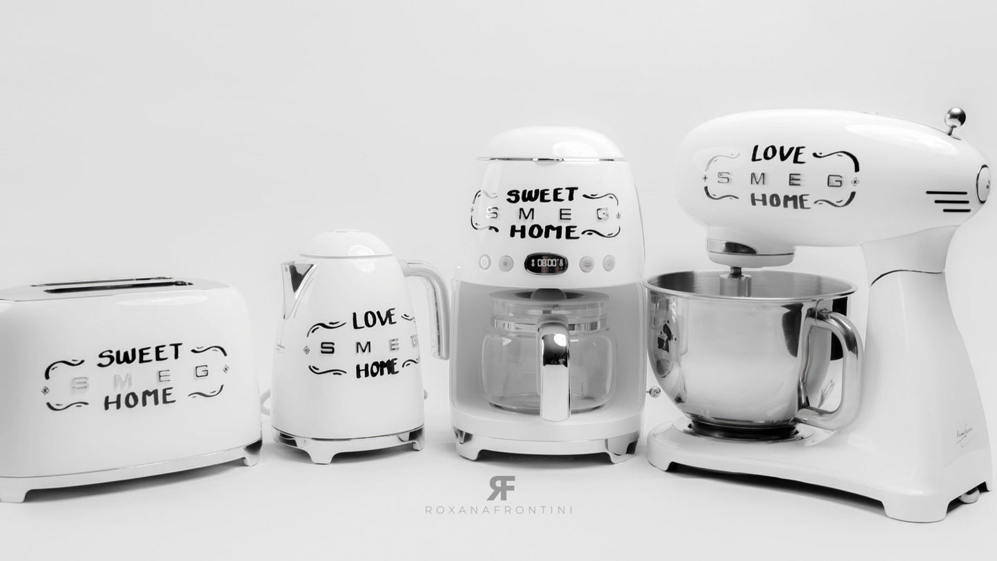 SMEG 10-Cup Silver & White Drip Coffee Maker by ROXANA FRONTINI Series "LOVE SWEET HOME"